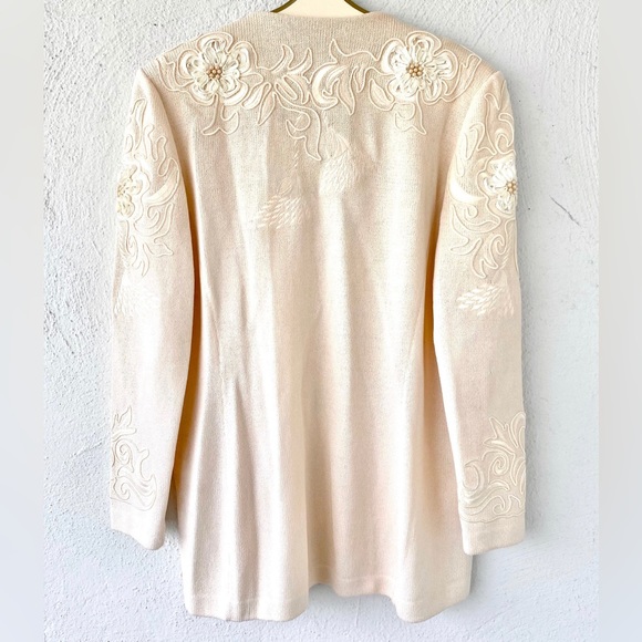 Vintage St John Knit Embroidered Cardigan // Floral Pale Pink Sweater Jacket - Picture 2 of 10